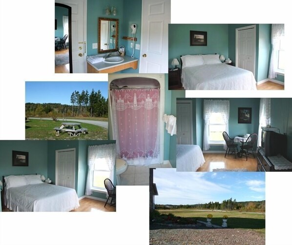 Une série de pièces aux murs de couleur turquoise, avec des lits blancs et une salle de bain équipée d’un lavabo et d’un miroir.