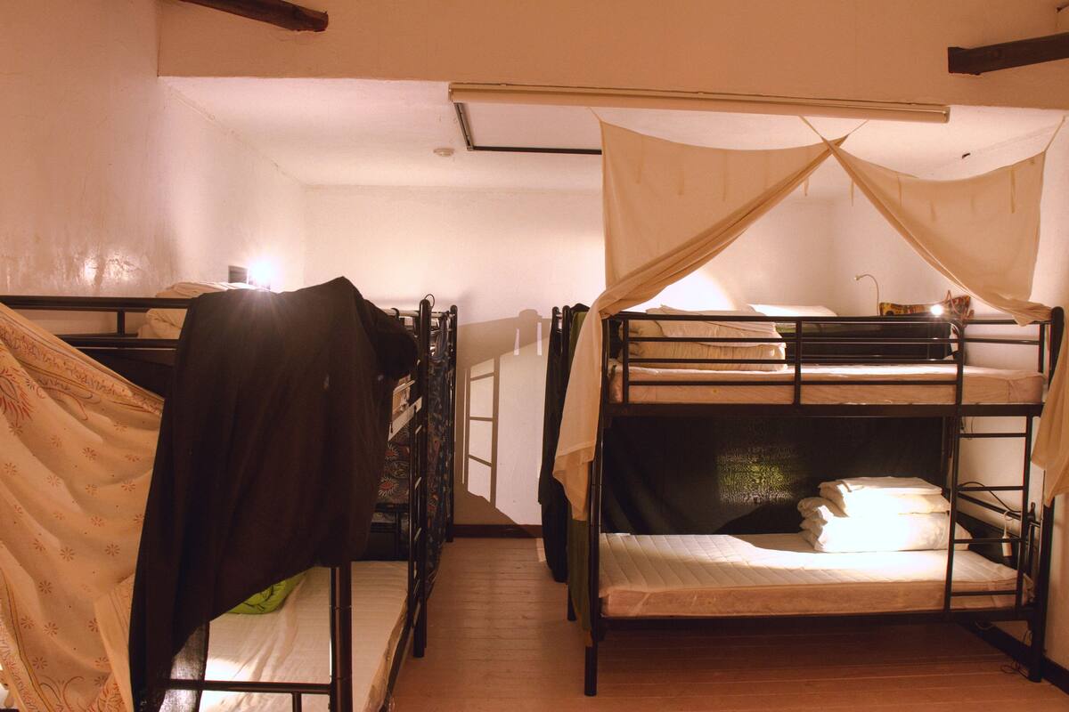 Una habitación tipo dormitorio con literas, una ventana con cortinas y una cama con dosel.
