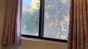 A window with a view of trees and a building outside.