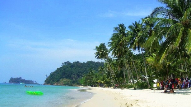 A beach with clear turquoise water, palm trees, and a sandy shore. - Paradise Bungalows (Ko Chang)