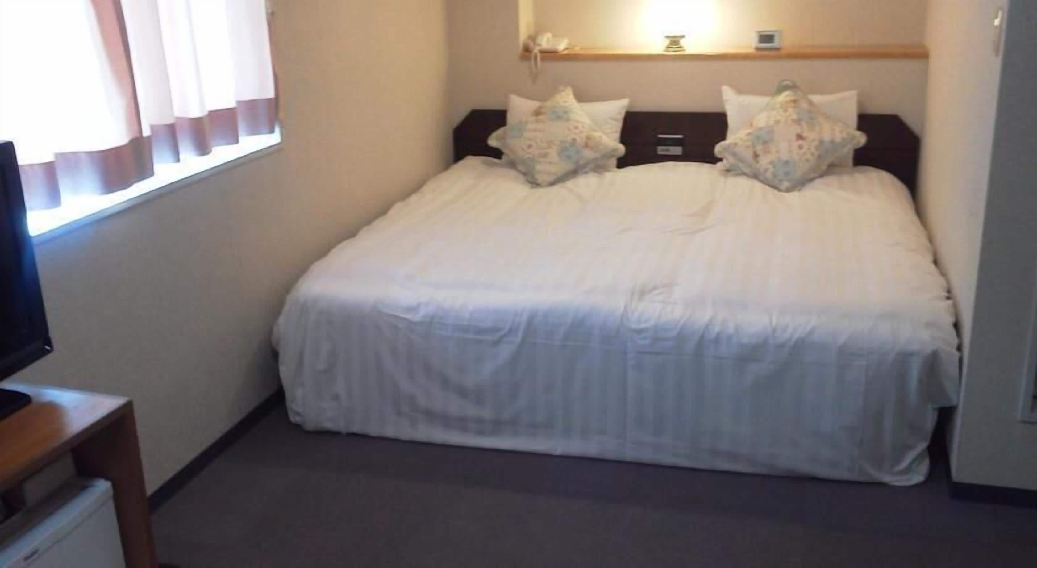 A hotel room with a large bed, a bedside table, a television, and a window with curtains.