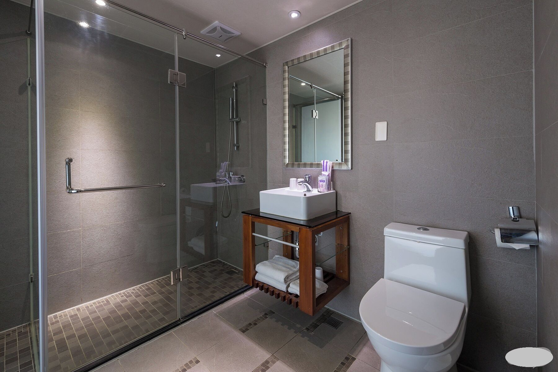 A modern bathroom with a glass-enclosed shower, a white sink, a toilet, and a mirror above the sink.