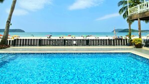 A swimming pool with a view of the beach and ocean.