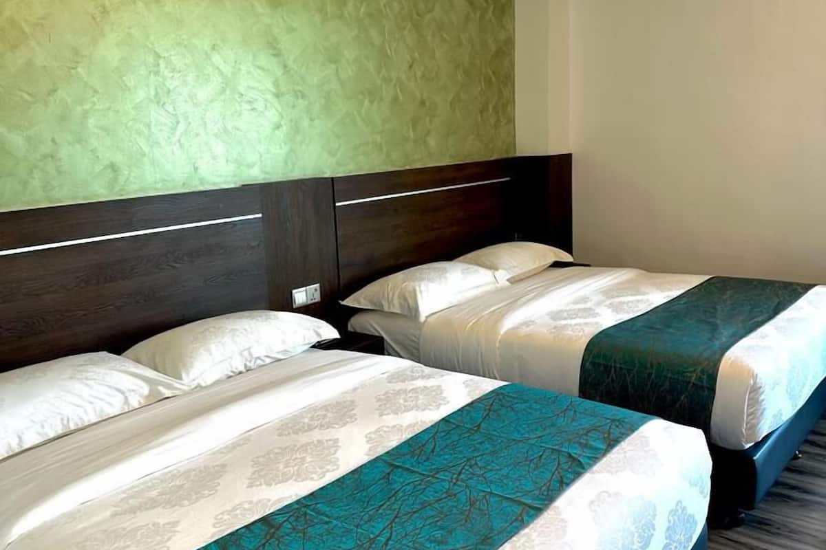 A hotel room with two beds, each with a patterned bedspread and pillows. The room has a green textured wall and a wooden headboard.