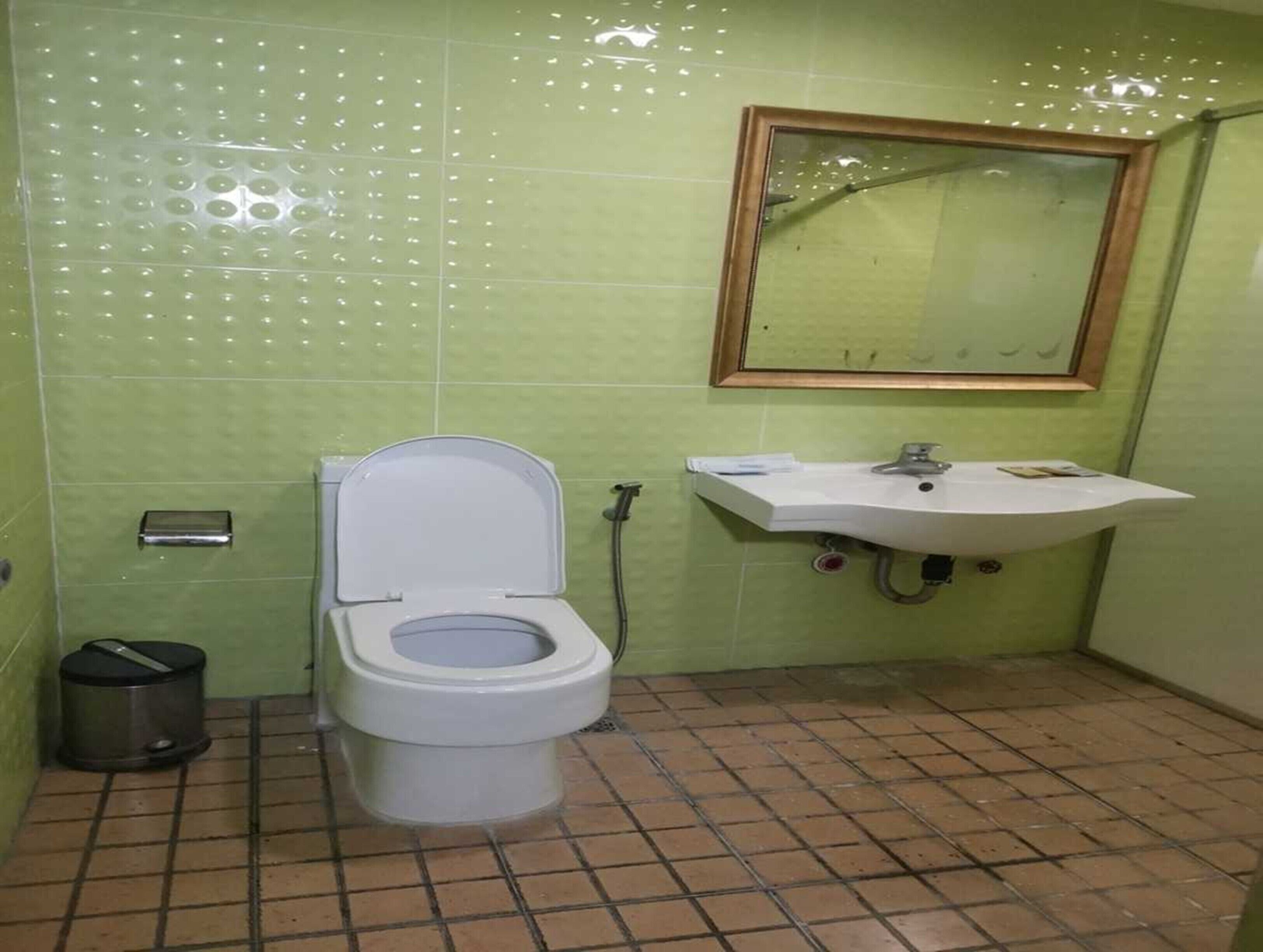 A bathroom with a toilet, sink, and mirror.