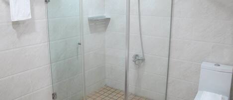 A glass-enclosed shower stall with a handheld showerhead, a toilet, and a towel rack with folded towels.