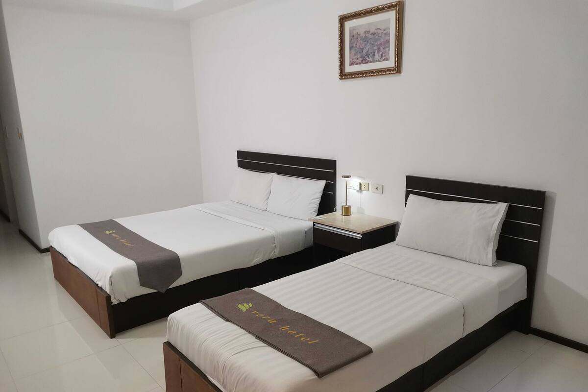 Una habitación de hotel con dos camas individuales, una mesita de noche con lámpara y un cuadro en la pared.