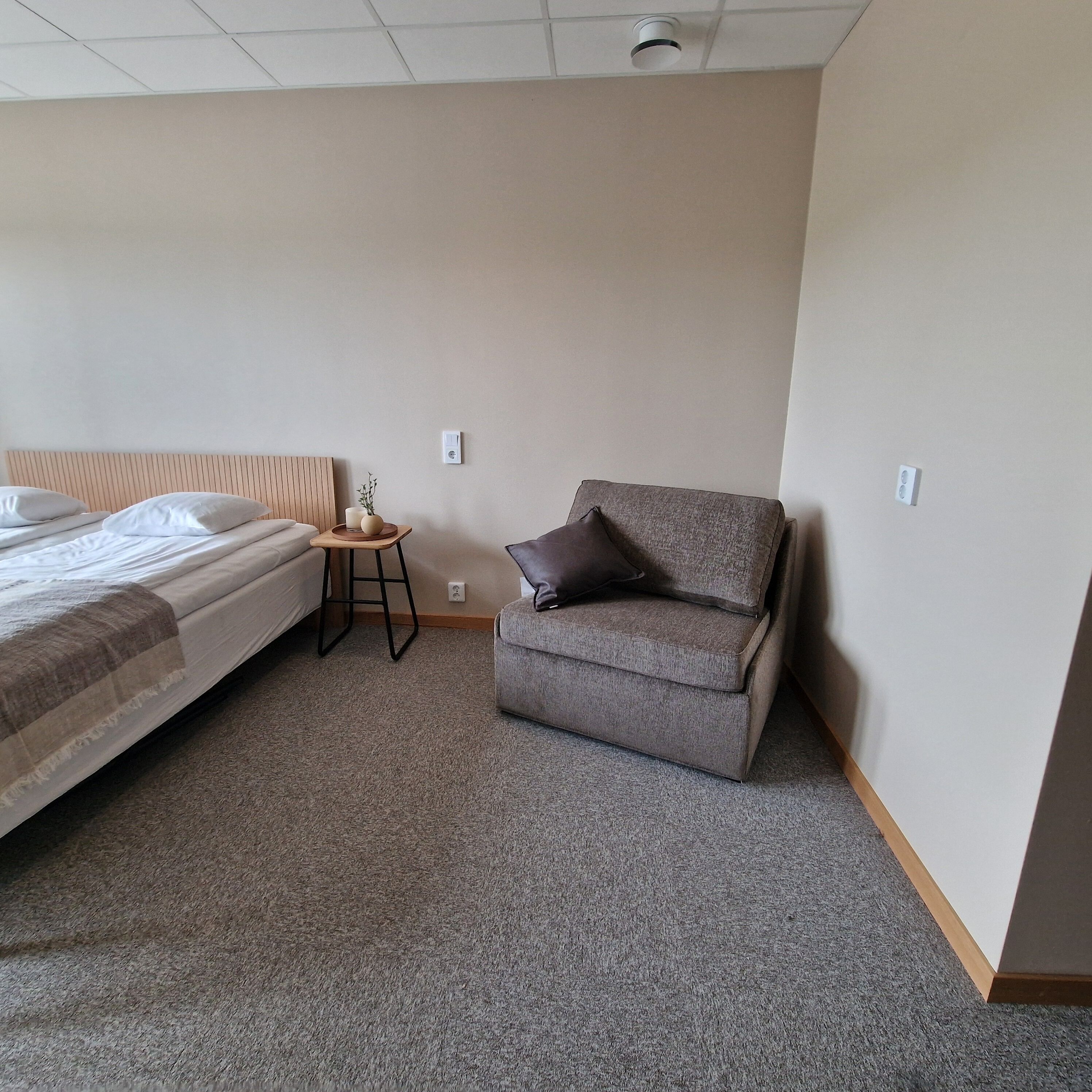 A bedroom with a bed, a small table with a plant, and a grey armchair.