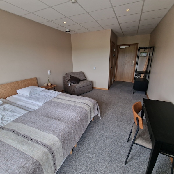 Una habitación de hotel con cama, escritorio, silla, sofá y armario.