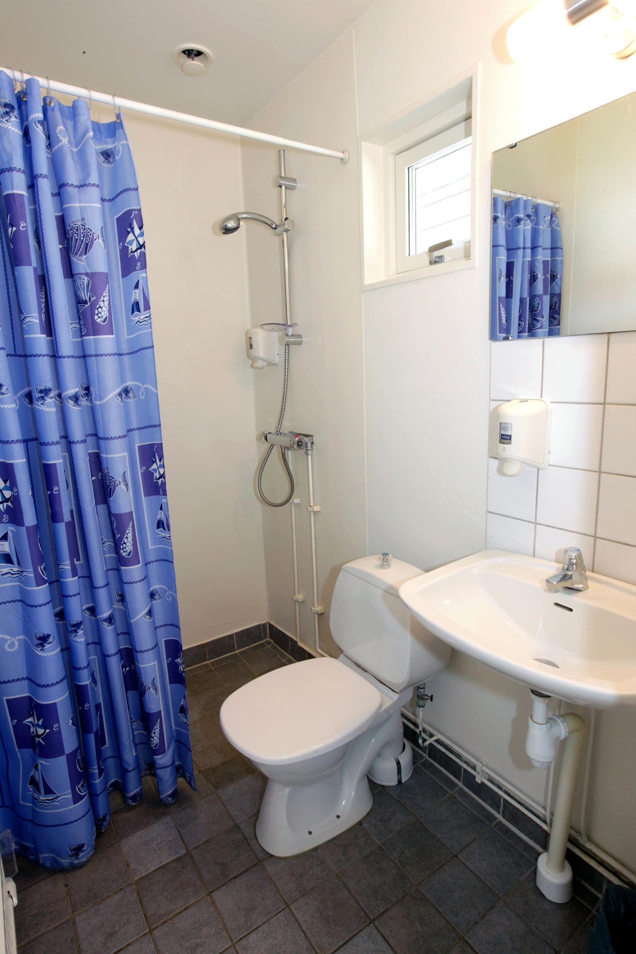 Une salle de bain avec douche, toilettes et lavabo.