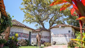 A traditional building with a tiled roof and patterned walls, surrounded by greenery and a horse. - Pousada Marajoara (Soure)