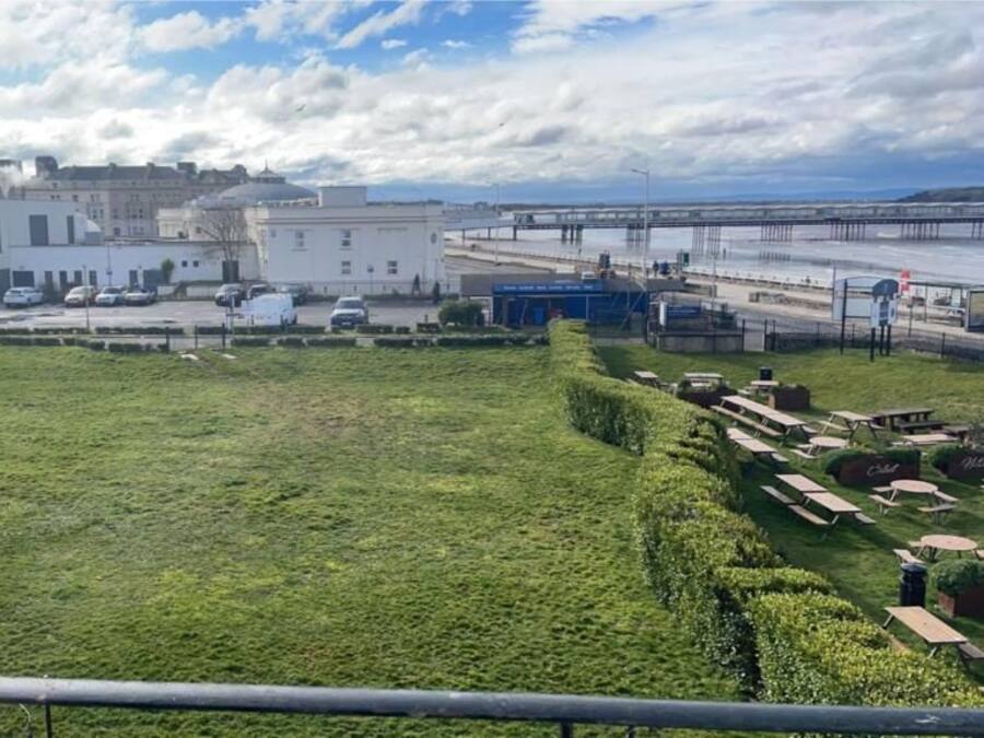 A grassy field with picnic tables and a view of a river and buildings in the background.