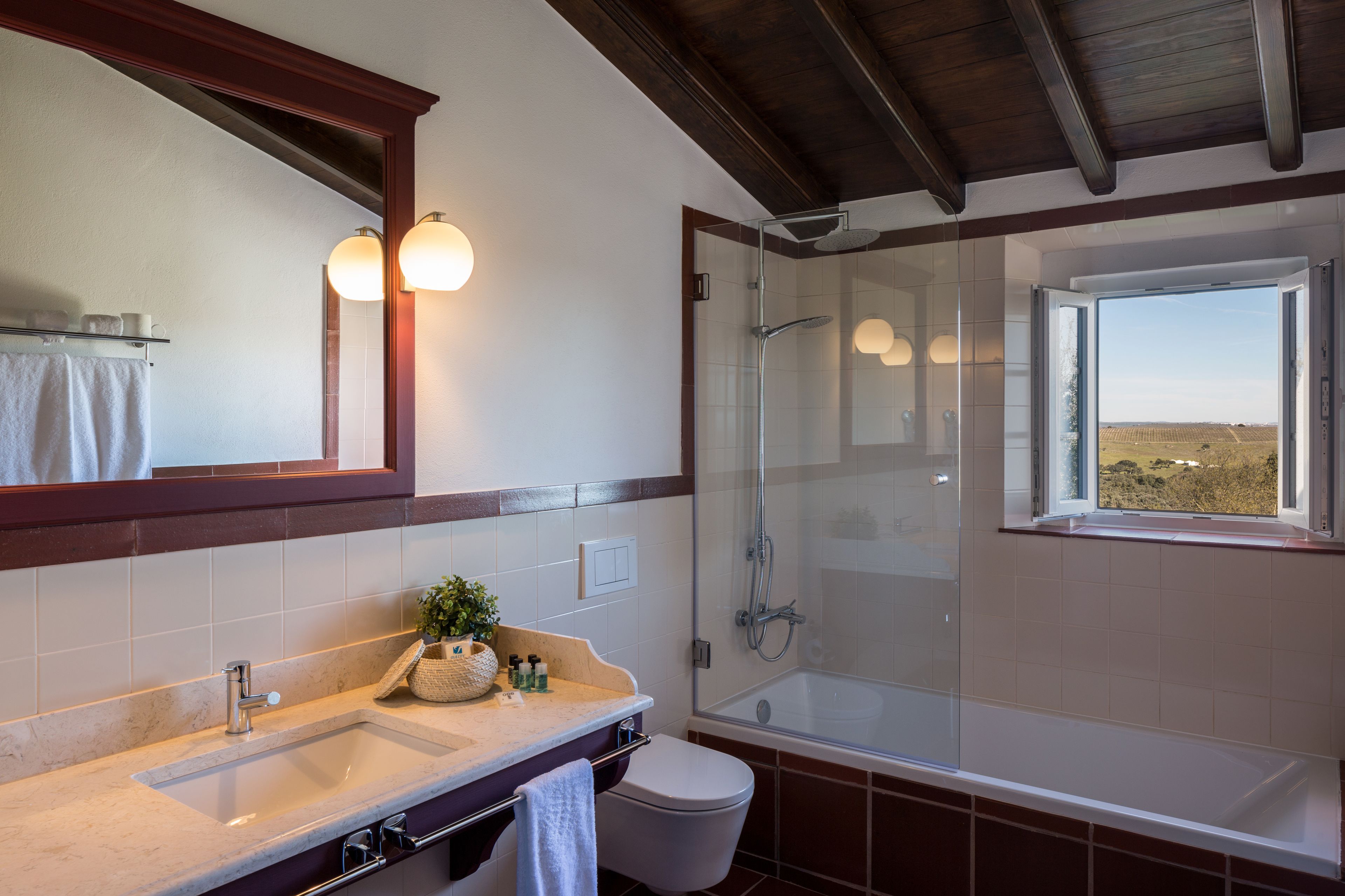 rainfall showerhead, free toiletries, hair dryer, bathrobes