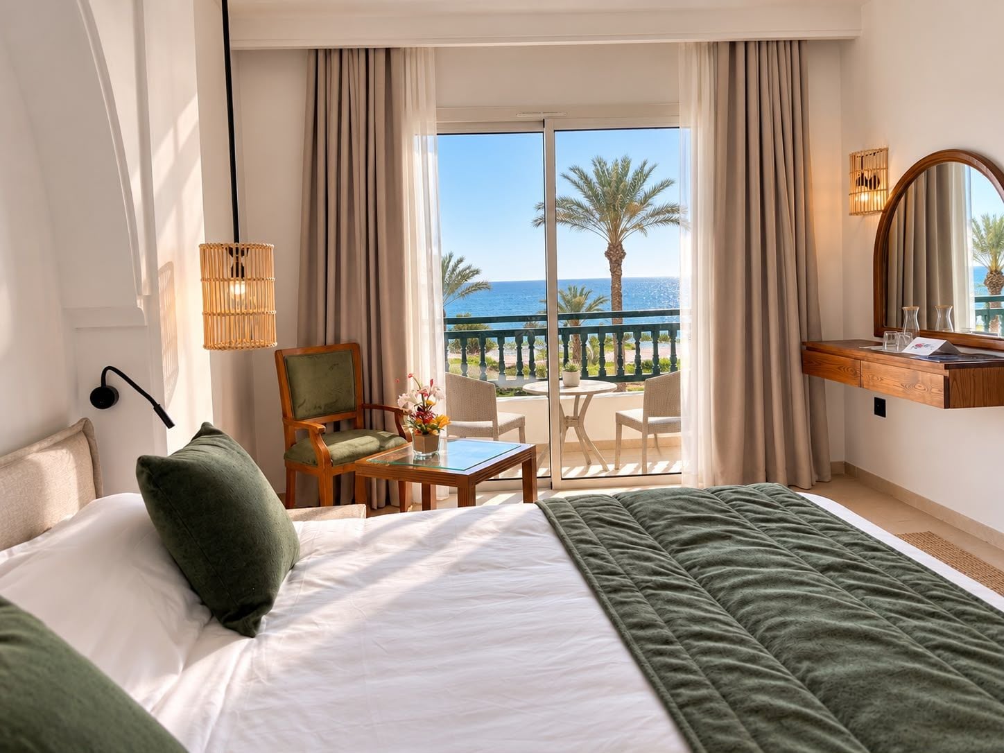 Una camera d'albergo con un letto, una scrivania con una sedia, un tavolino con un vaso di fiori, un balcone con vista sul mare e una lampada a sospensione.