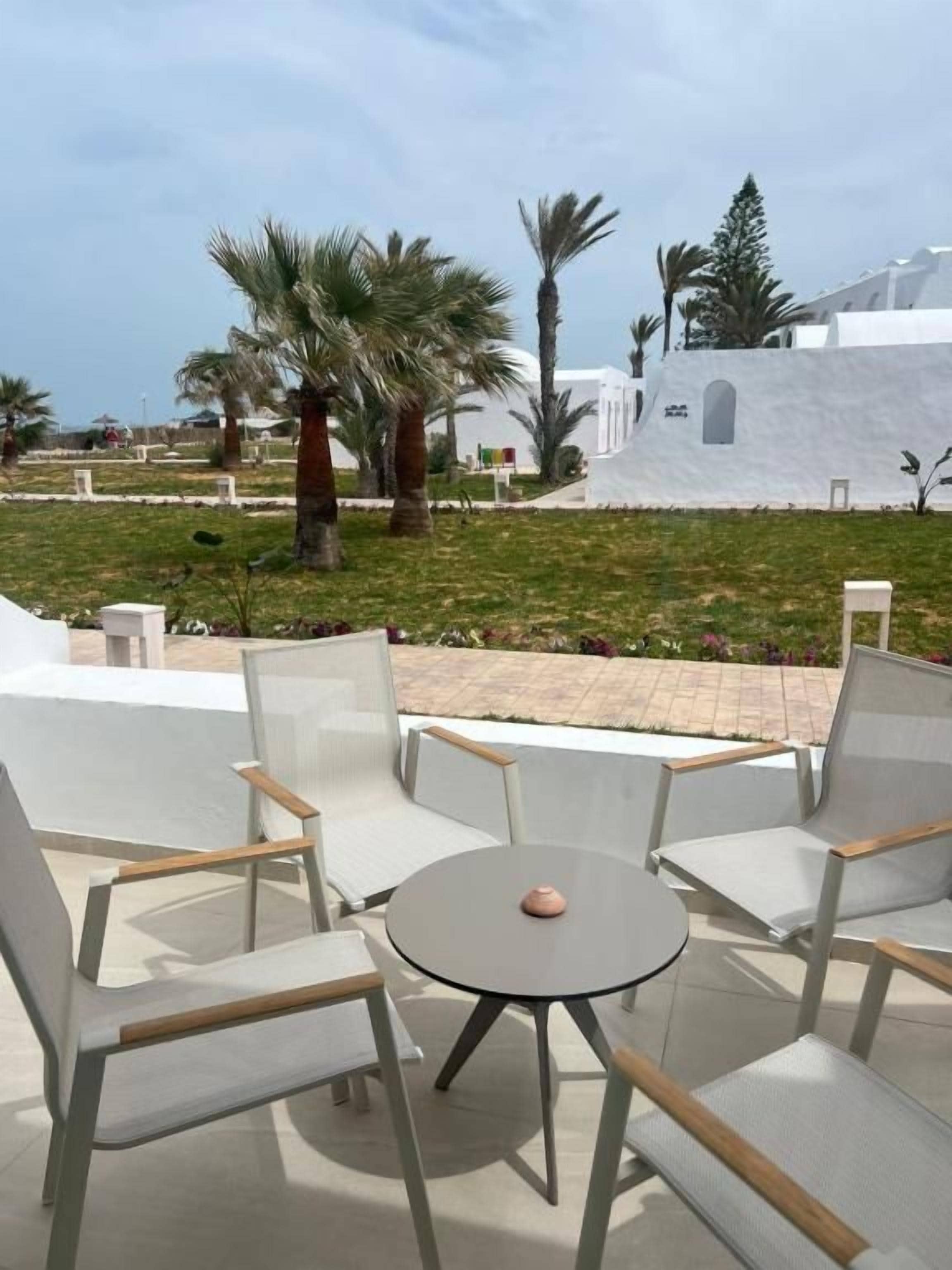 An outdoor seating area with white chairs and a round table, surrounded by a grassy lawn and palm trees.