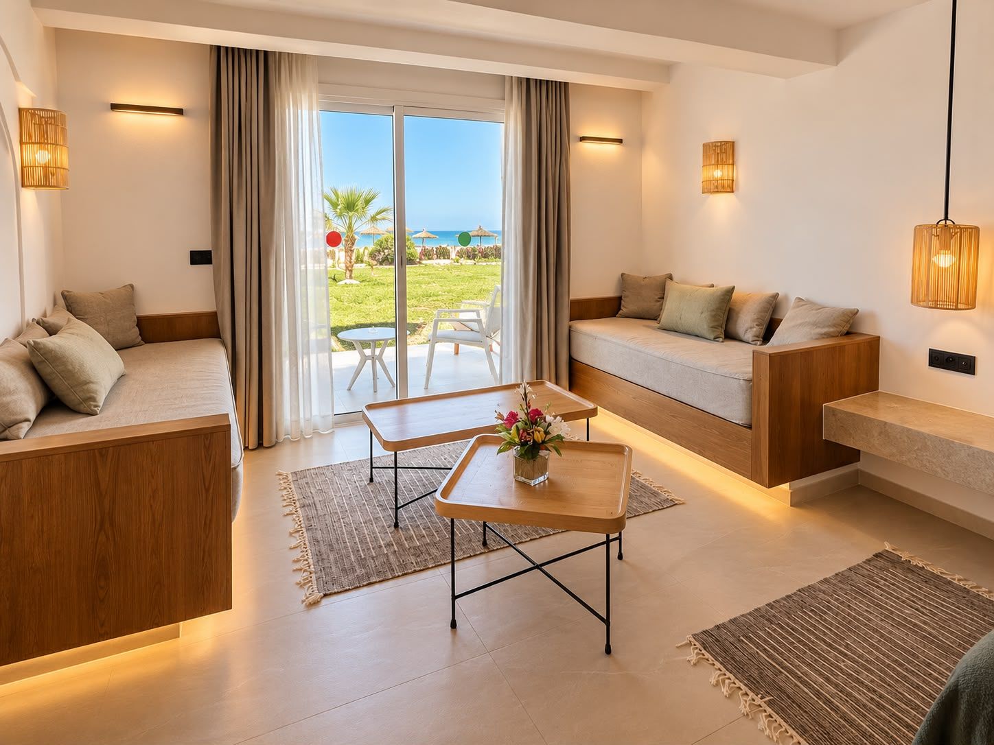 Une chambre d’hôtel moderne, dotée d’un canapé, d’une petite table avec un vase de fleurs et offrant une vue sur l’extérieur.