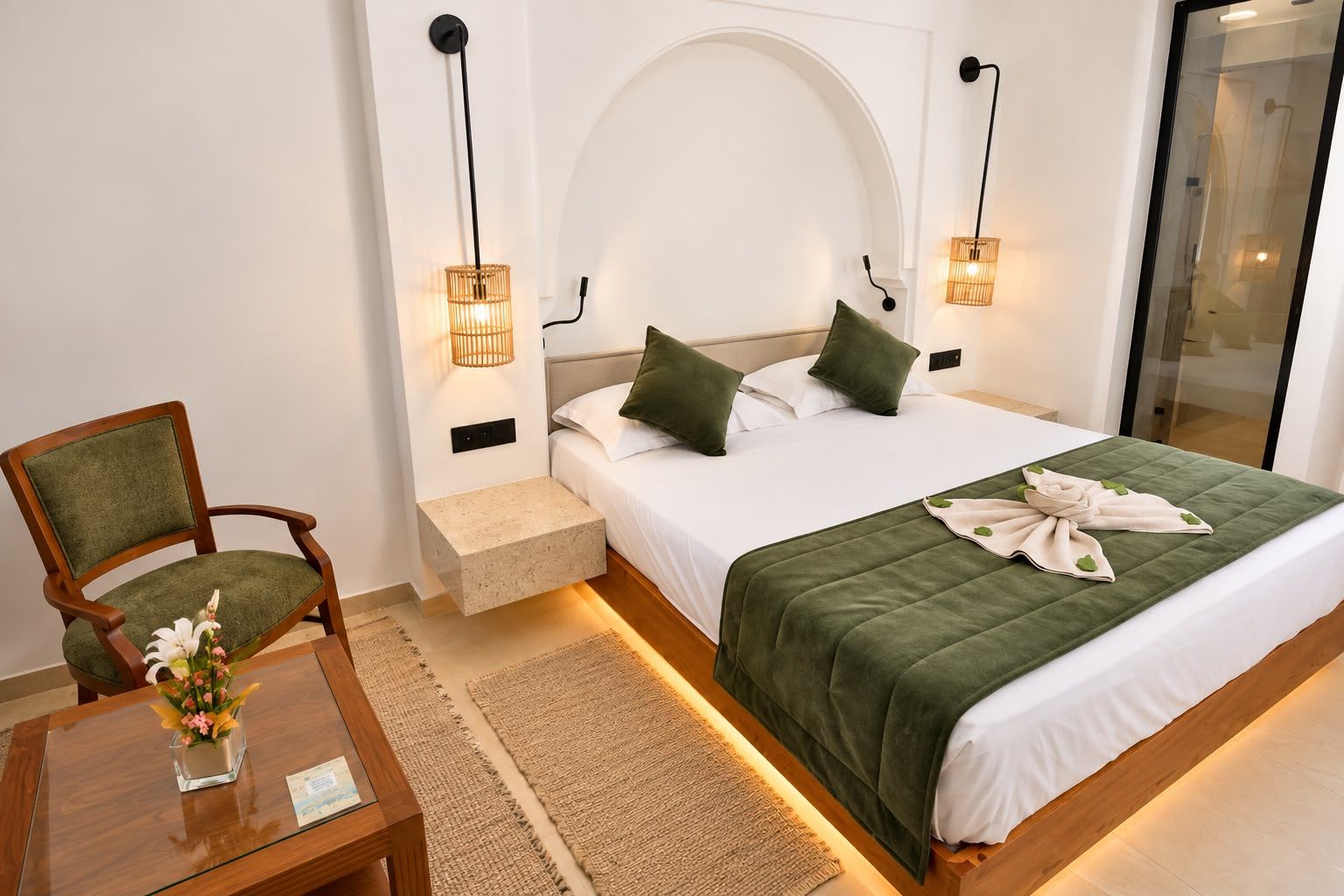 A hotel room with a bed, a chair, a small table with a vase of flowers, and two wall-mounted lamps.