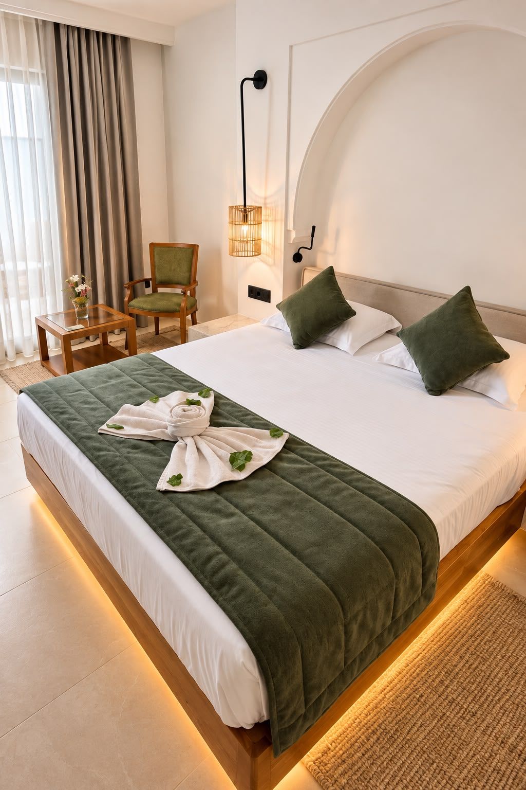 A hotel room with a large bed, a chair, a small table, and a wall-mounted light fixture.