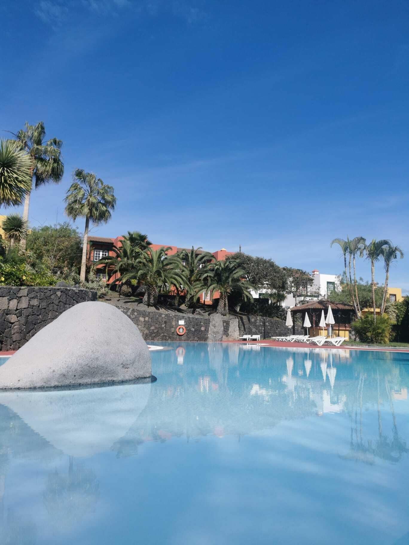 Piscina azul cristalina con un elemento de piedra al frente, rodeada de palmeras y un muro de piedra.
