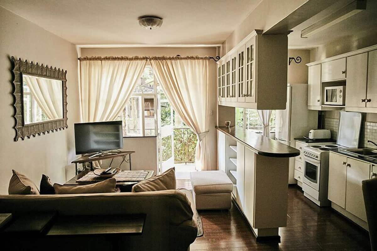 A compact living space with a sofa, television, kitchenette, and a window with curtains.