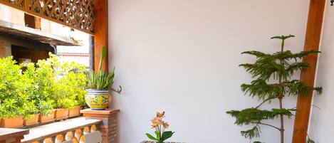 Une terrasse avec une table et des chaises en bois, des plantes en pot et un mur de briques orné d’un motif en treillis.