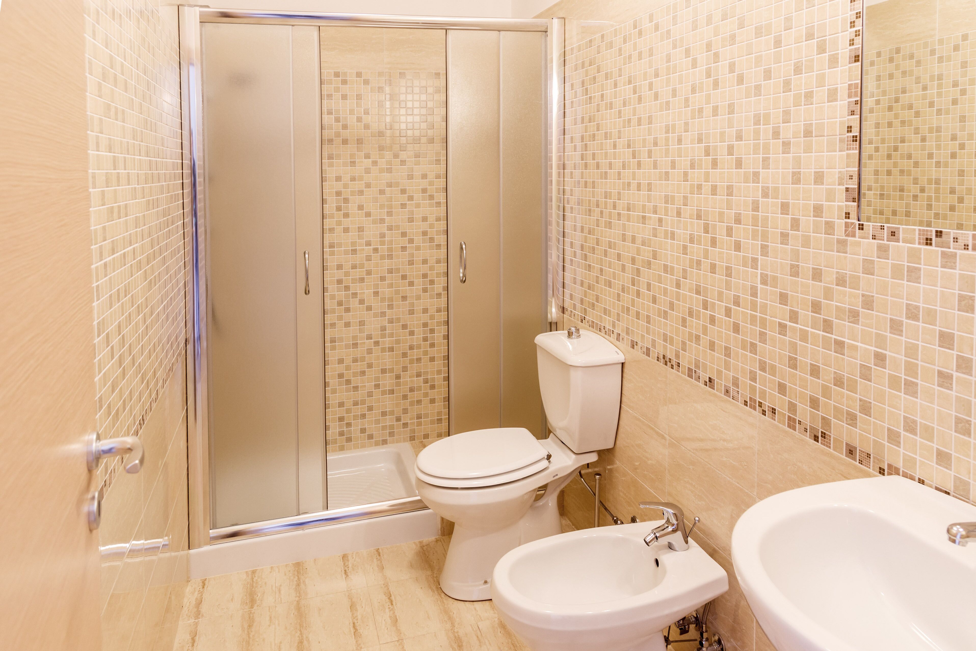 A bathroom with a shower, toilet, bidet, and sink.