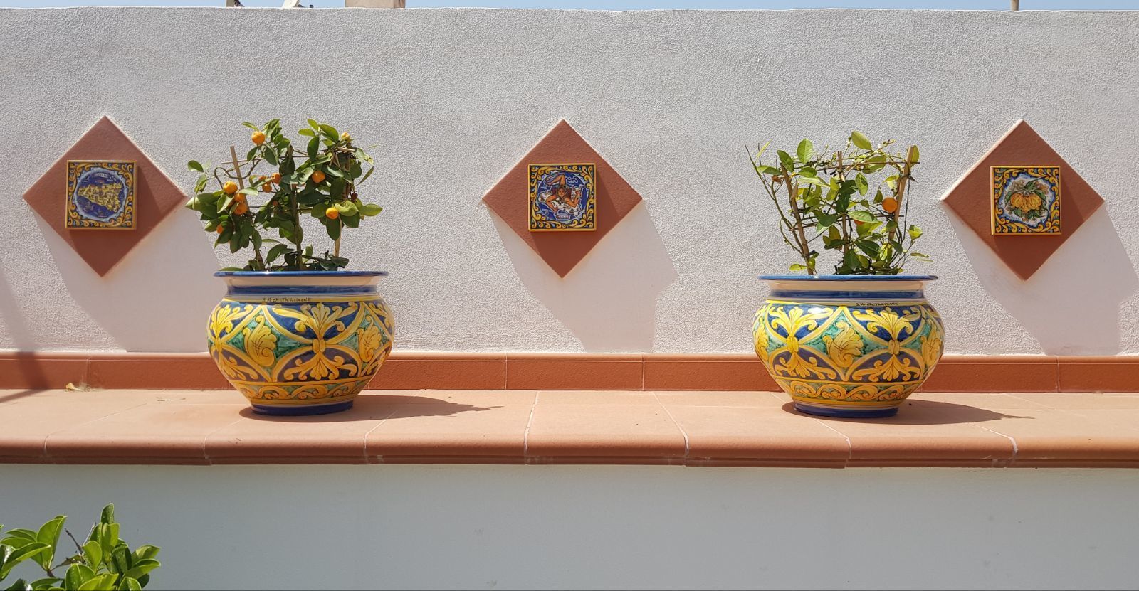 Two ornate ceramic pots with plants on a tiled ledge against a wall with decorative tiles.
