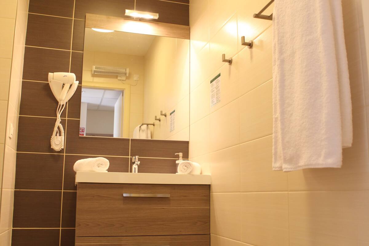 shower, free toiletries, hair dryer, towels