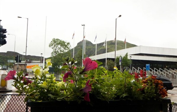 A building with a modern design, surrounded by a metal fence and potted plants with flowers.