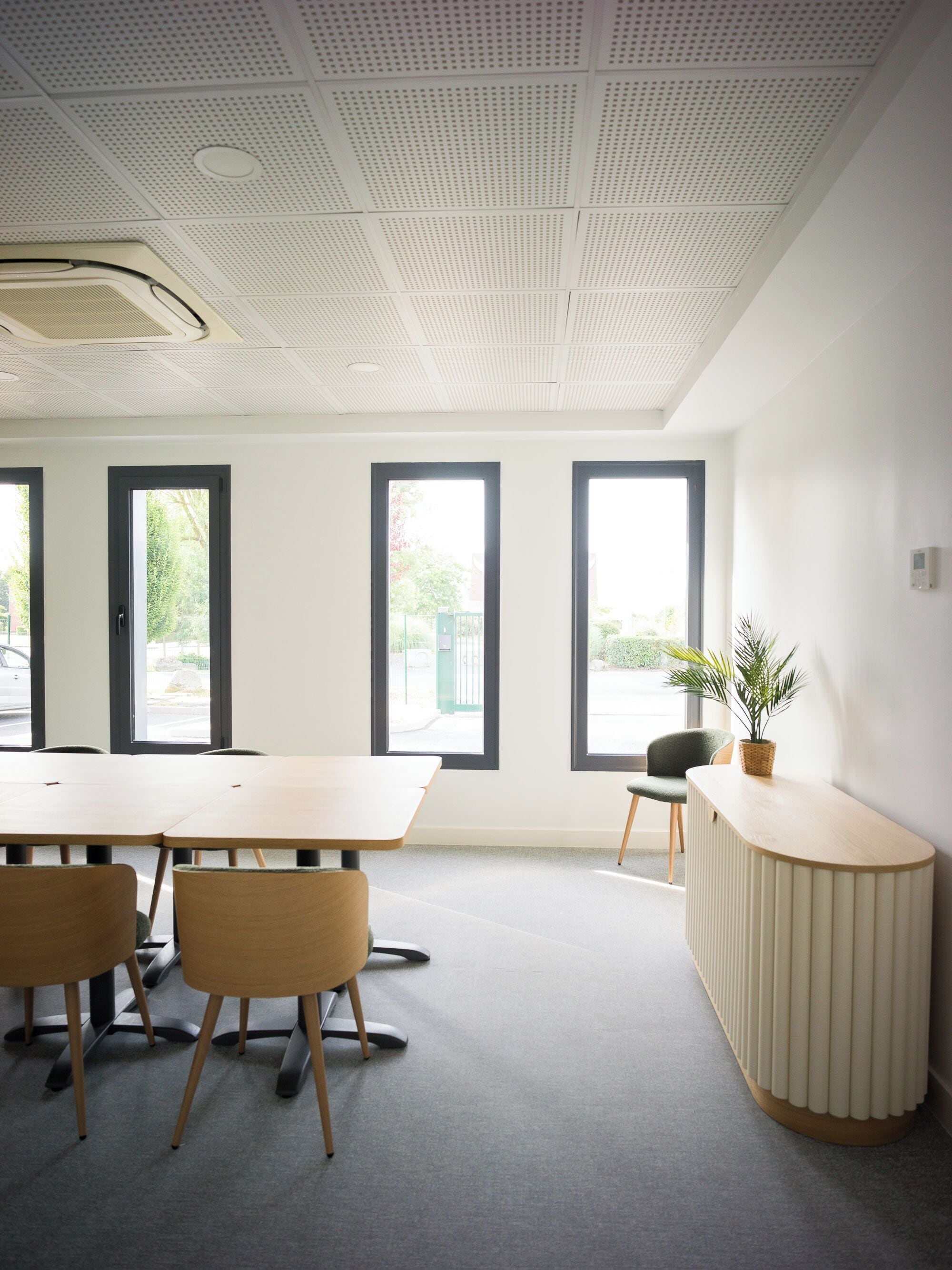 A conference room with a long table, chairs, a potted plant, and a radiator.