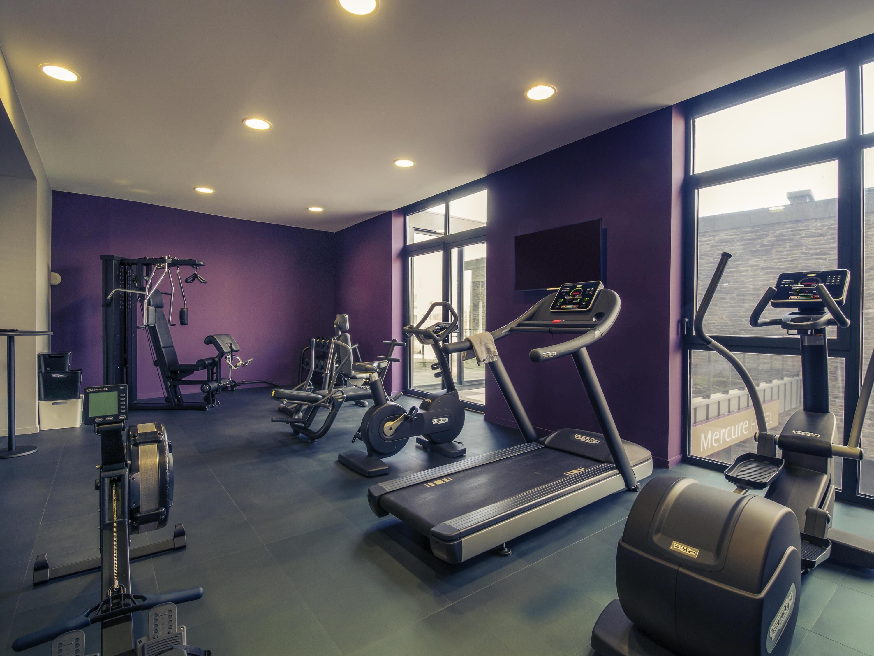 A gym with treadmills, elliptical machines, and weight equipment.