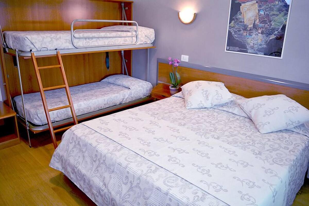 A bunk bed room with a lower bunk, a ladder, a single bed with patterned bedding, a nightstand with a potted plant, and a wall-mounted light fixture.