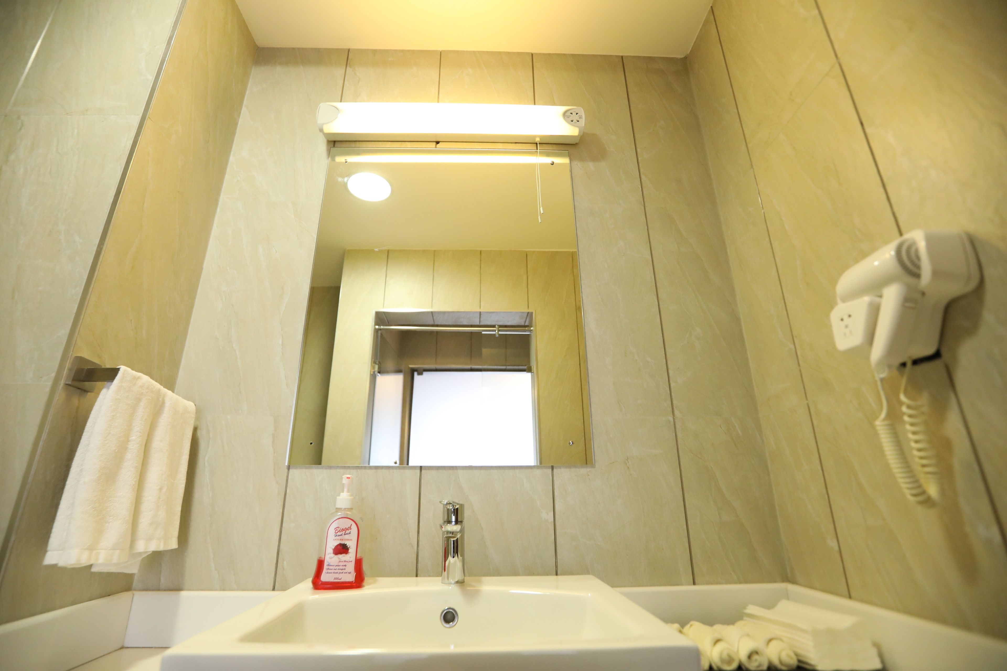 A bathroom with a white sink, a mirror, a hairdryer, and a bottle of shampoo.