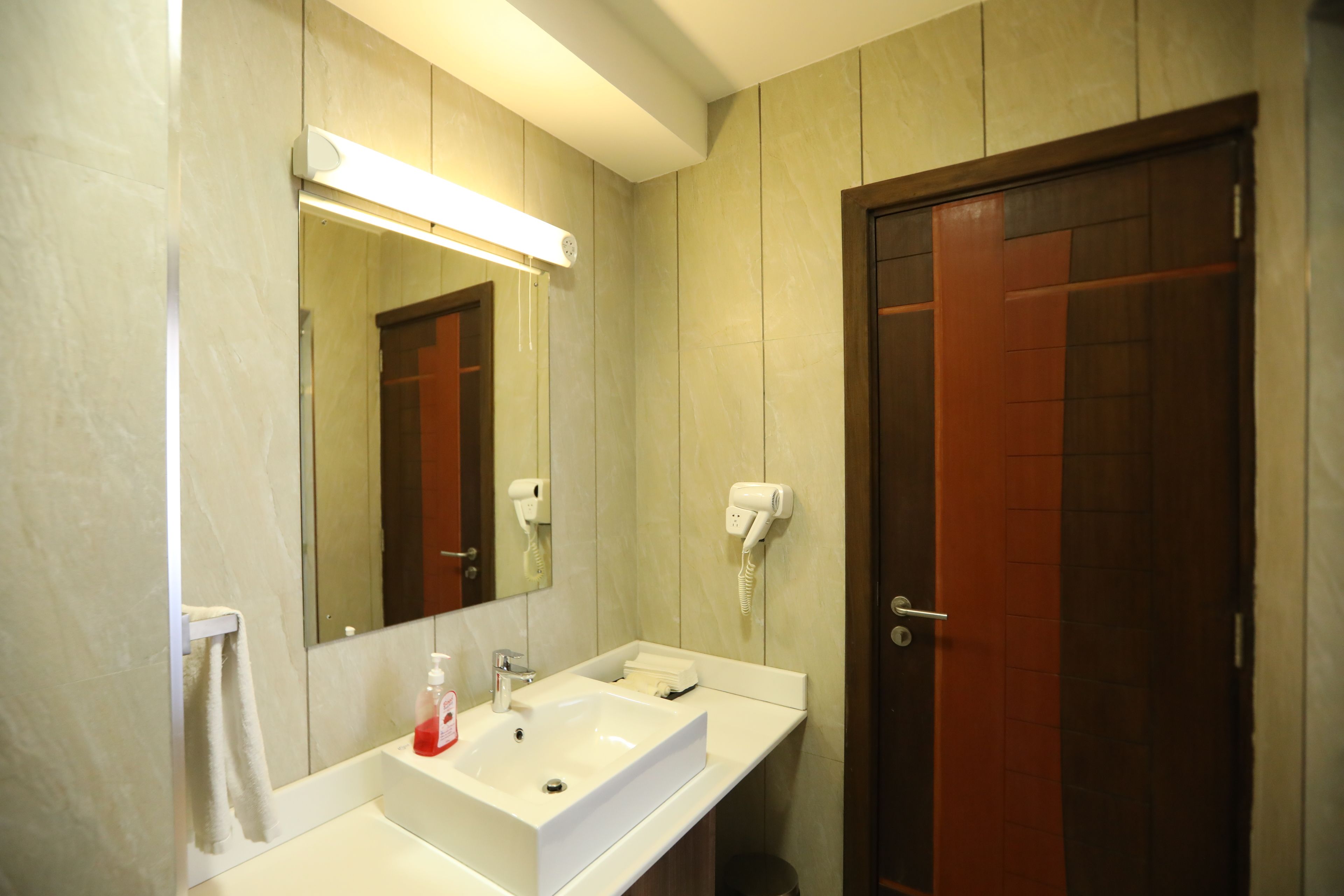 A bathroom with a white sink, a mirror, a towel rack, a hairdryer, and a door.