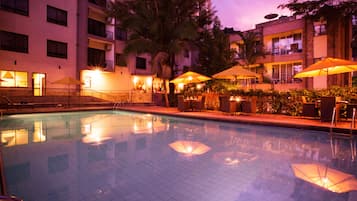 Outdoor pool, pool umbrellas, pool loungers