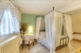 Un dormitorio con cama con dosel, una mesita de noche, una silla y un radiador.