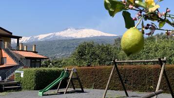 Relax in a serene outdoor space with a playground featuring a slide and swings, surrounded by a beautifully maintained garden and a stunning mountain view.