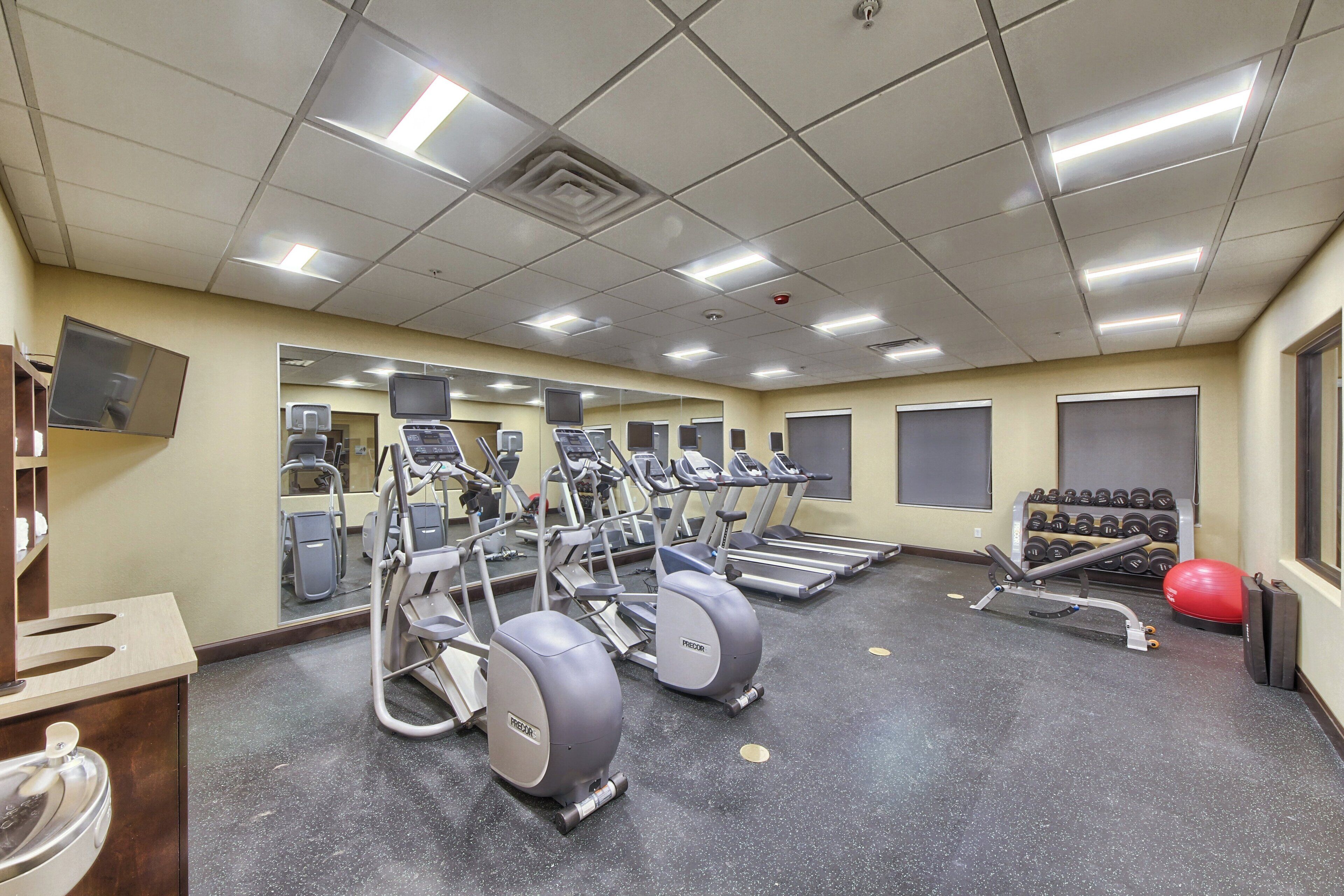 A gym with treadmills, elliptical machines, and free weights.