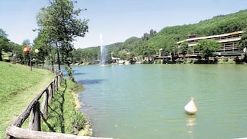 Un río tranquilo con una valla de madera y un cisne en el agua.