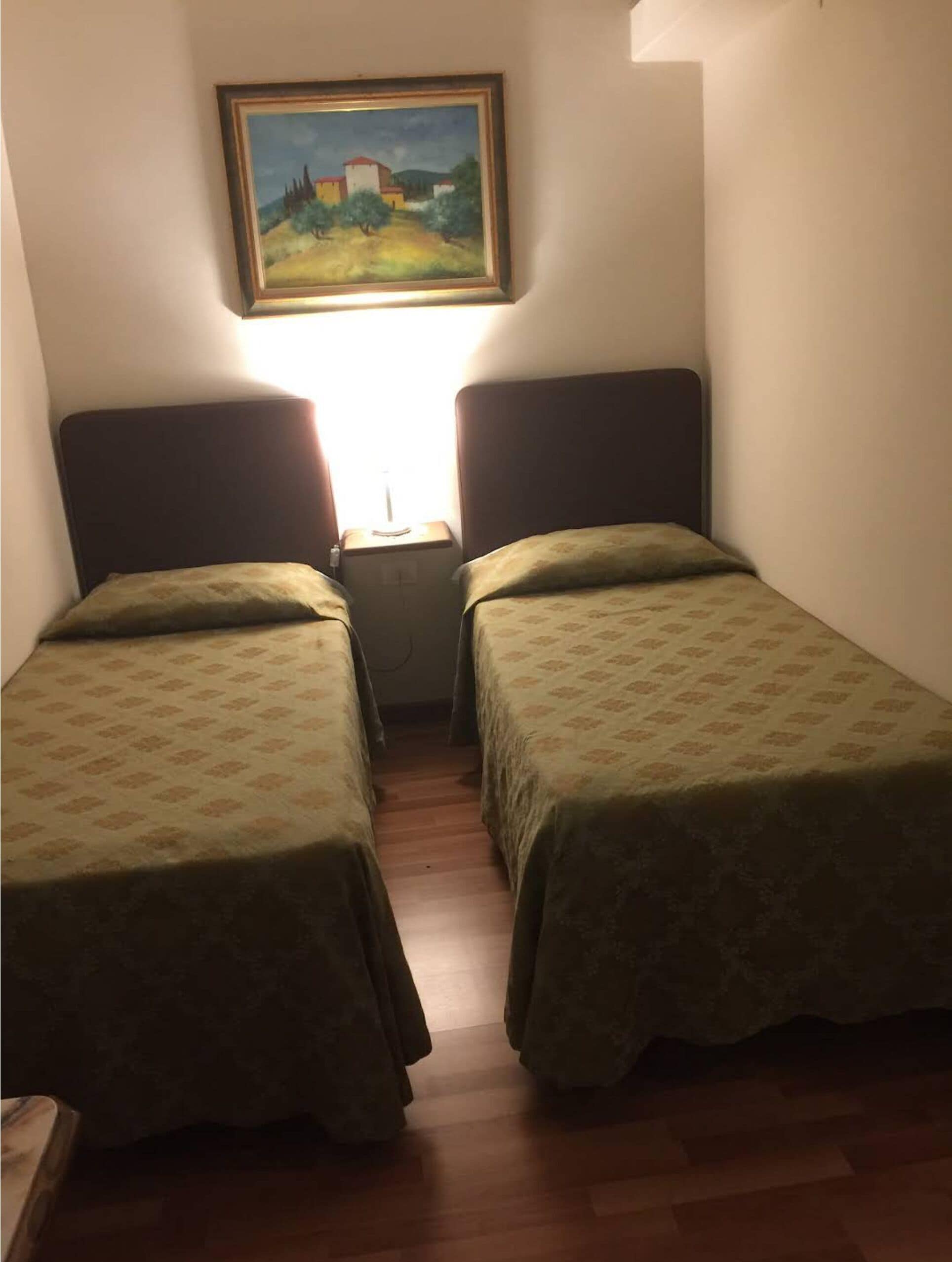 Una habitación pequeña con dos camas individuales, una mesita de noche con lámpara y un cuadro en la pared.