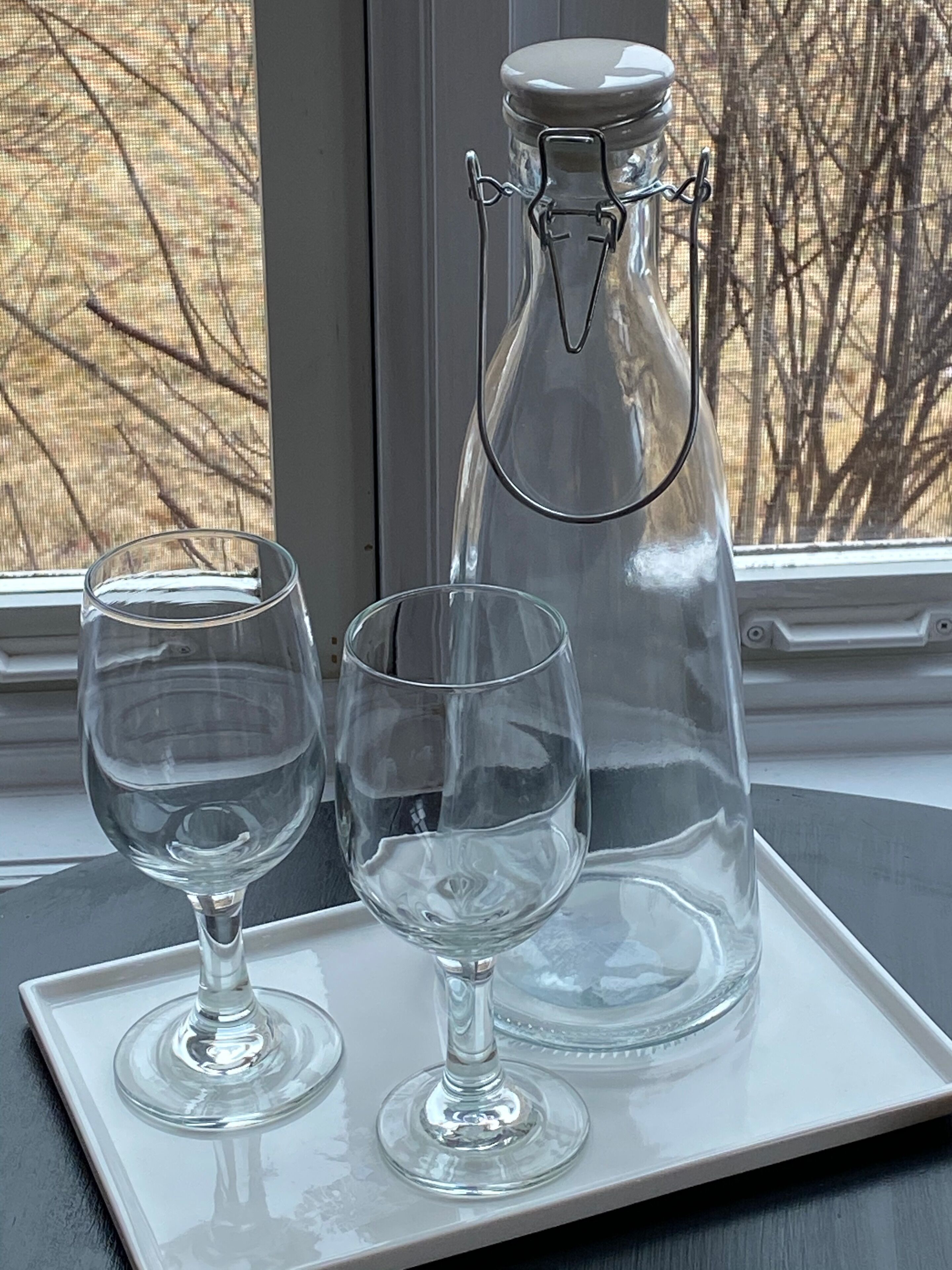 Une carafe en verre transparent et deux verres à vin sont posés sur un plateau blanc près d’une fenêtre donnant sur des arbres sans feuilles.