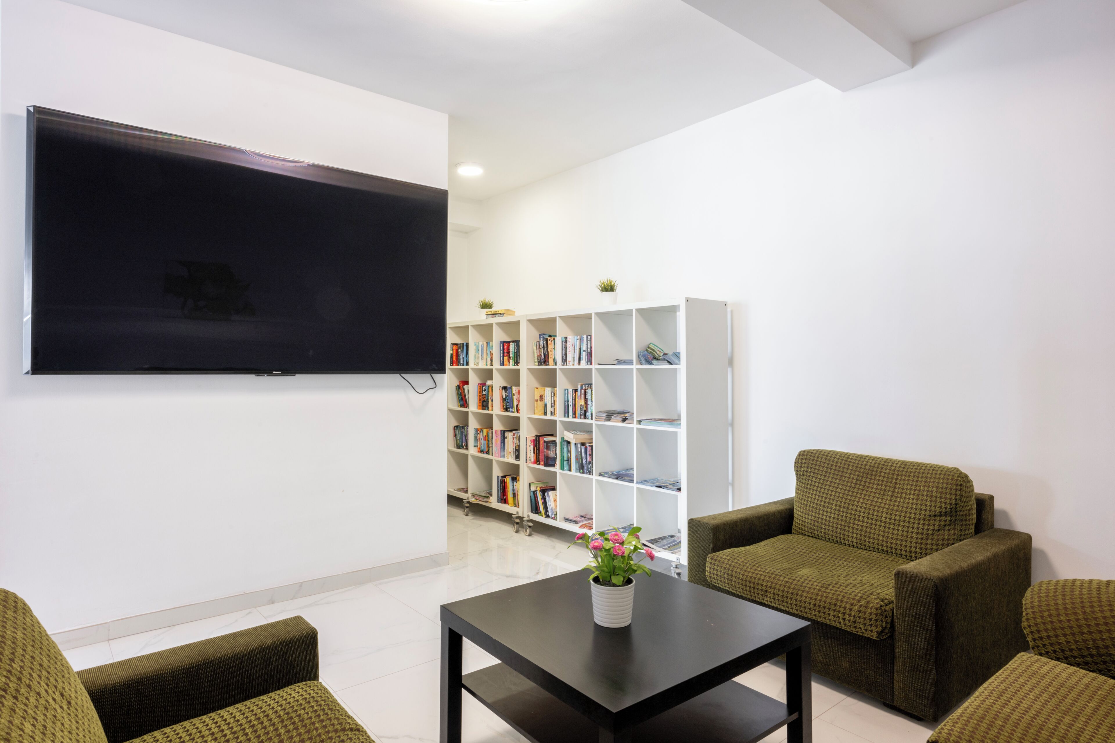 A living room with a flat-screen TV, a bookshelf, and two green armchairs.