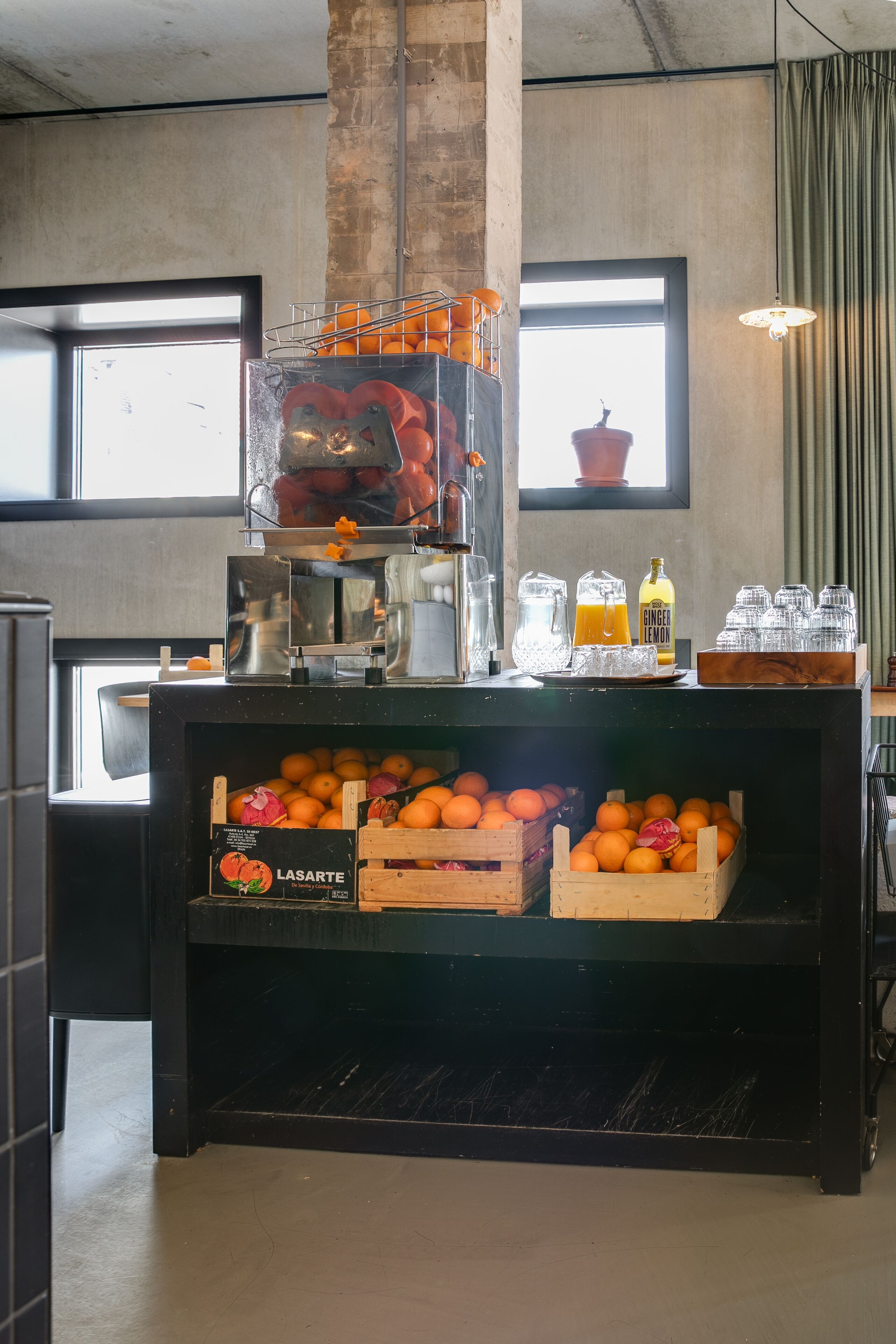 Una barra de desayuno con naranjas, jengibre, limón y una cafetera.