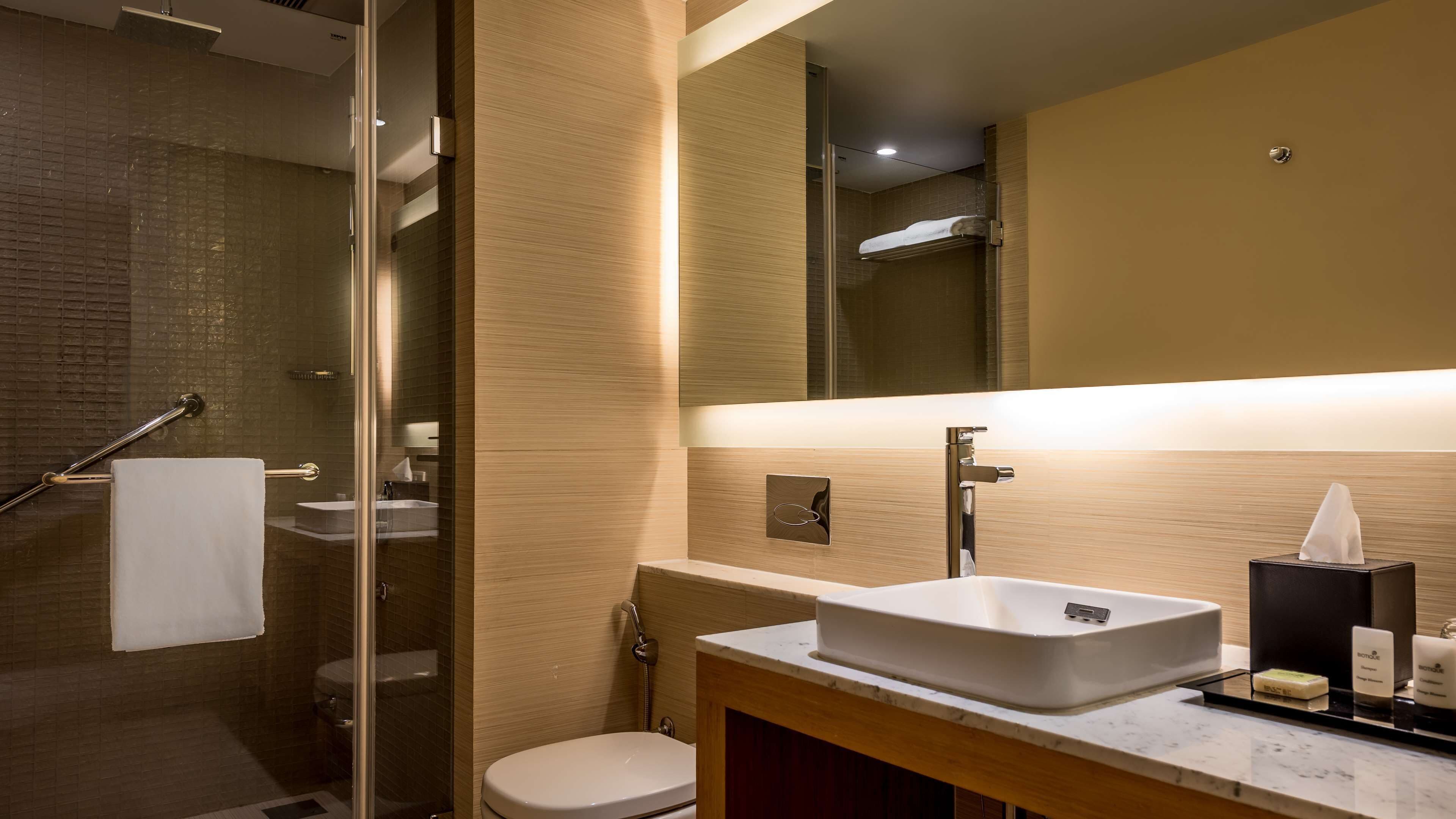 deluxe room | bathroom | shower, rainfall showerhead, designer toiletries, hair dryer