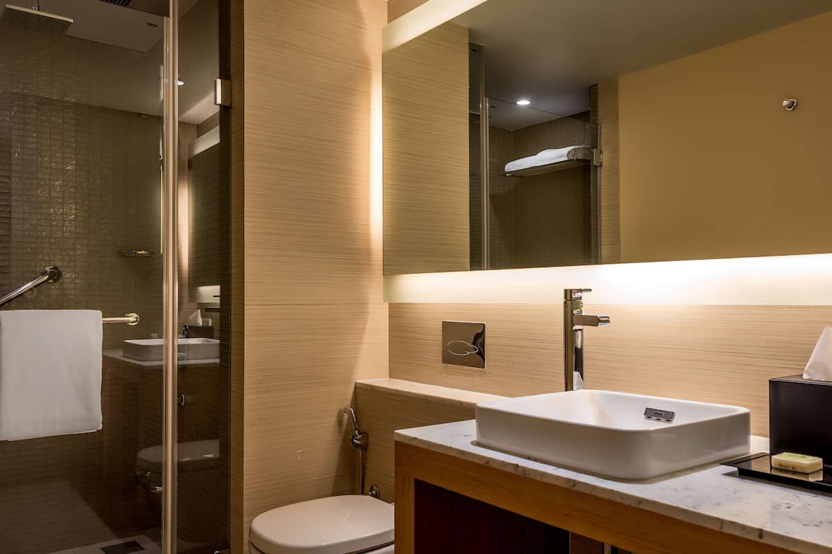 deluxe room | bathroom | shower, rainfall showerhead, designer toiletries, hair dryer