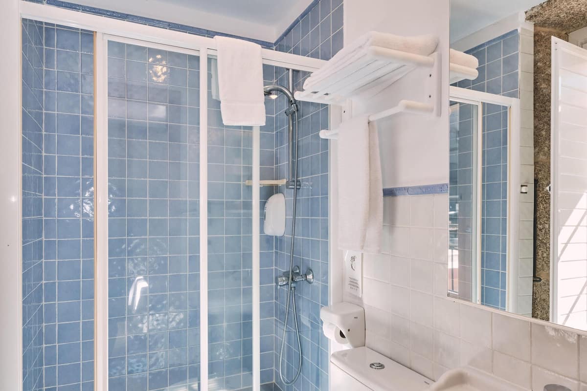 shower, free toiletries, hair dryer, towels