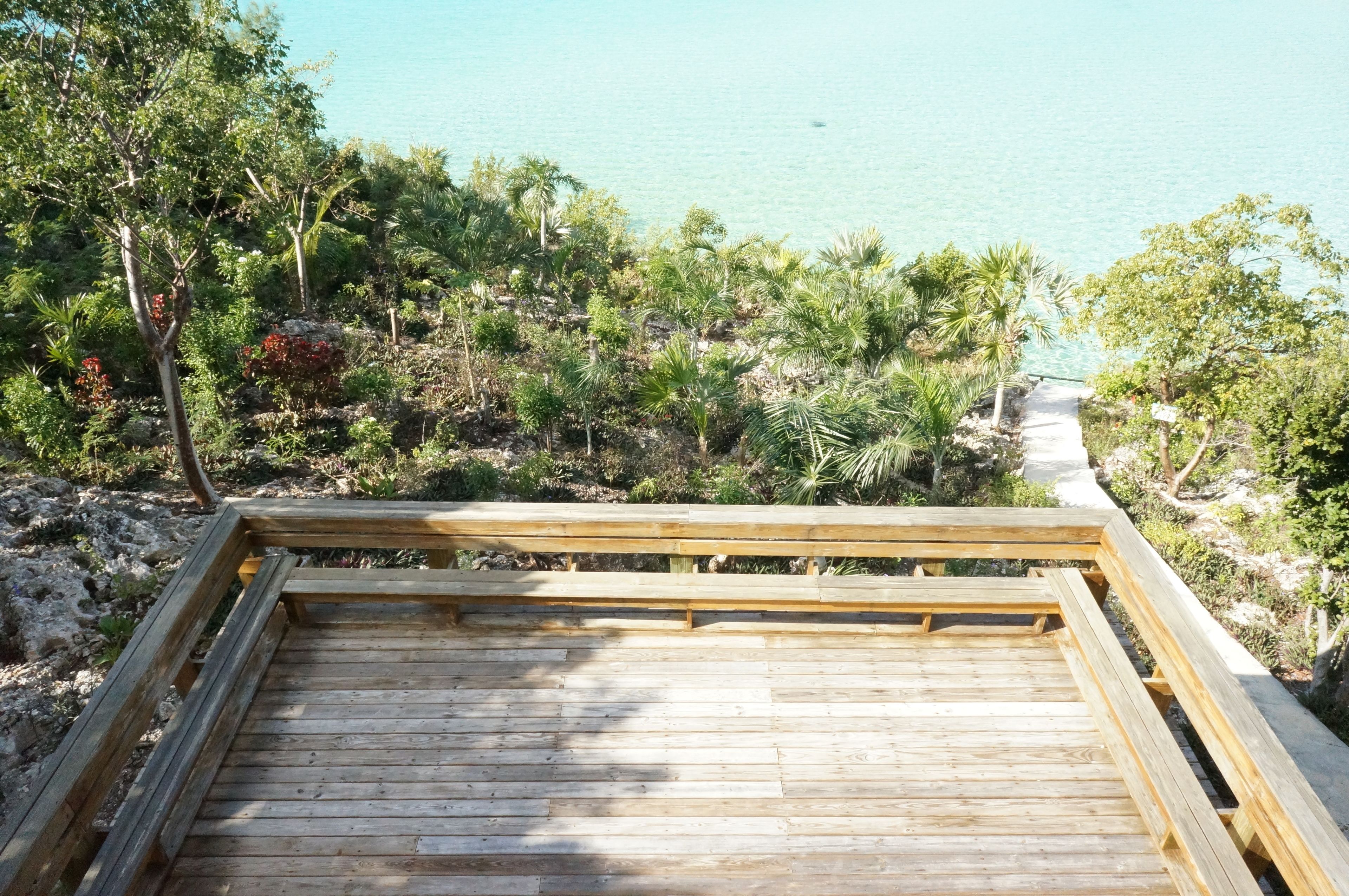A wooden deck with a clear view of a beach and surrounding vegetation.