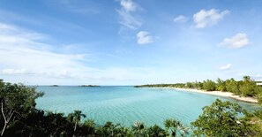 A tropical beach with clear turquoise waters, a sandy shoreline, and dense greenery. - Island Seaside Suites (South Palmetto Point)