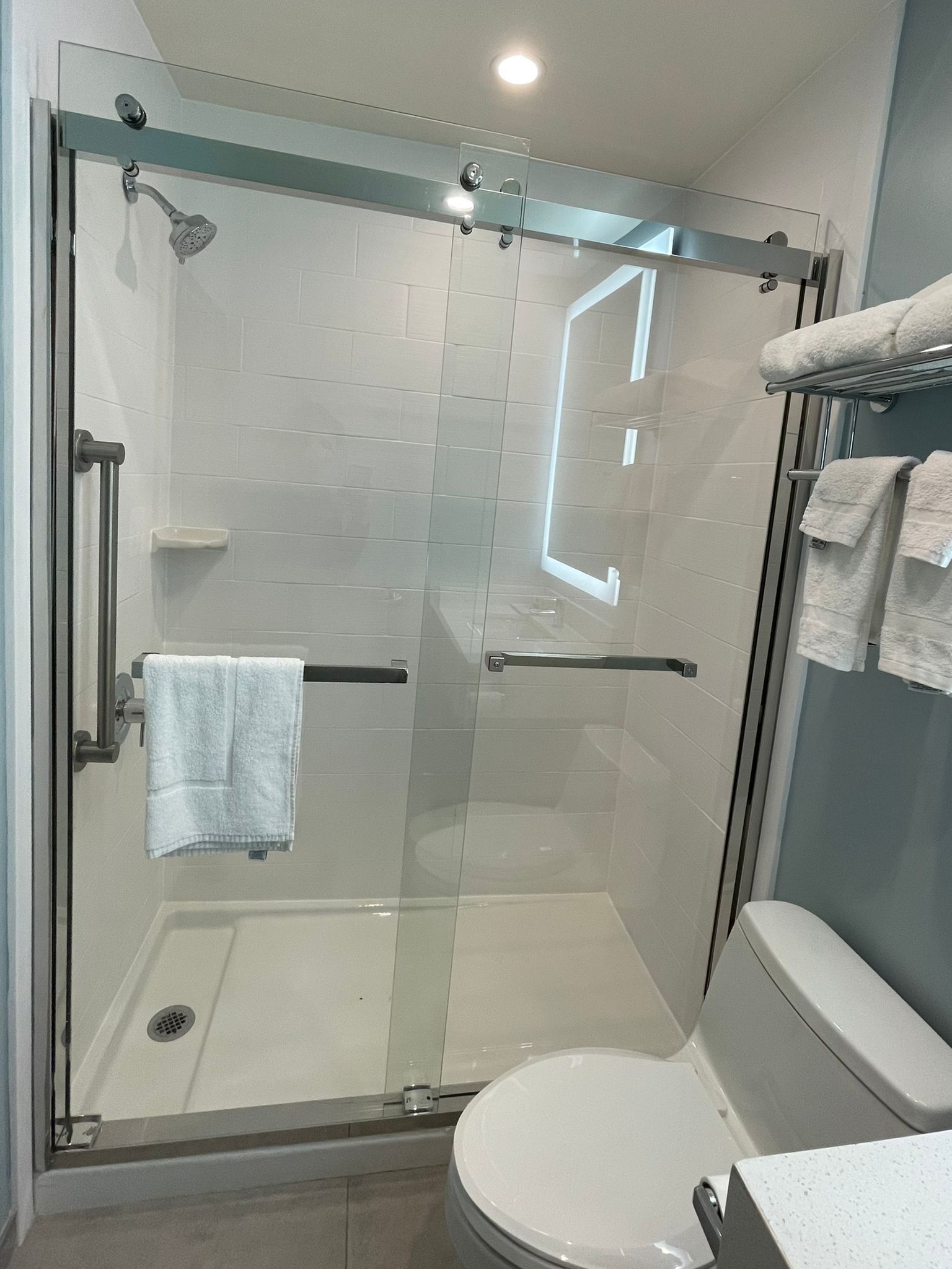 A modern bathroom with a glass-enclosed shower, a white toilet, and a glass shower door.