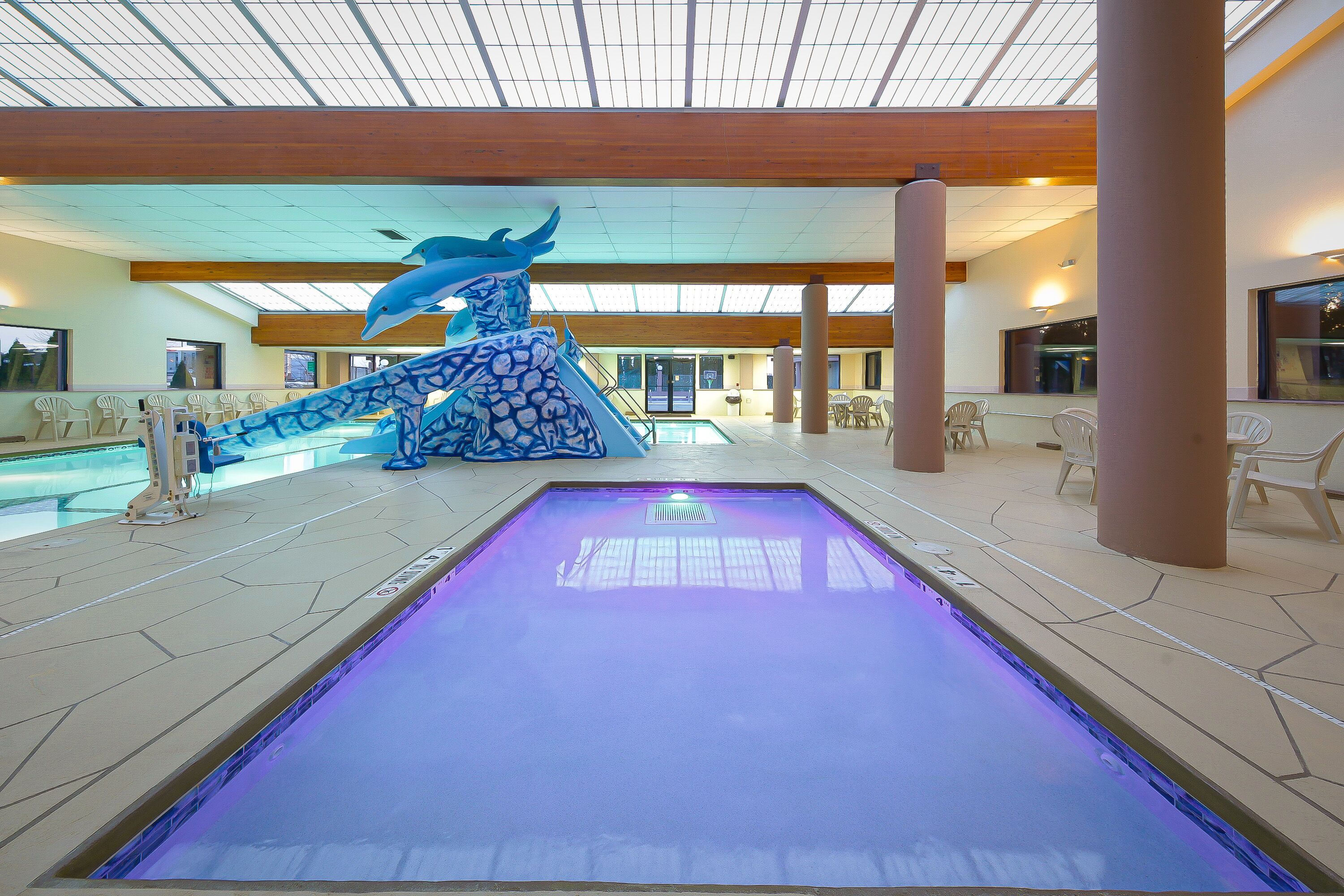 Una piscina con una escultura de delfín, asientos interiores y techo con azulejos.
